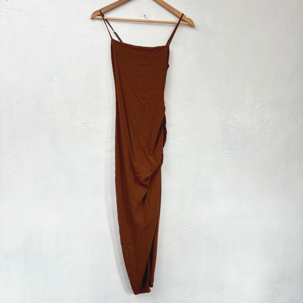 Reformation Slip Dress Women Size 2 Brown Side Ruching Side Slit Long